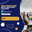 This is a blue banner for the Impact Investment Challenge powered by BNP Paribas. It shows a group of students working together, with some important information in yellow and white.