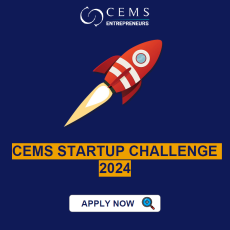 A small red rocket is launched on a blue background. This banner indicates the Startup Challenge dates and has the CEMS colours,