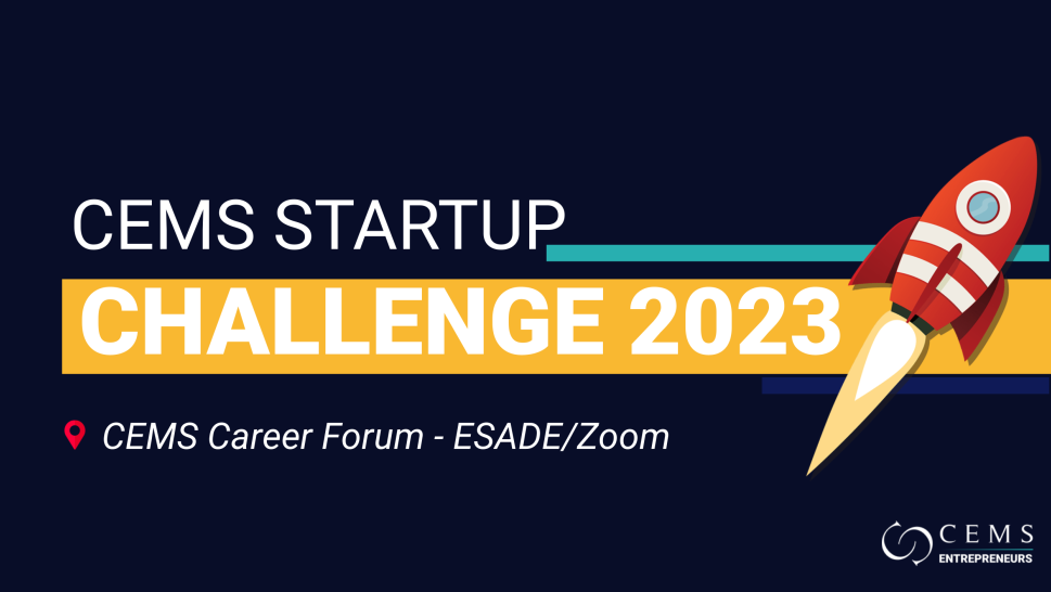 This is the banner of the CEMS Startup Challenge 2023. It is a dark blue background with a red rocket and the CEMS logos