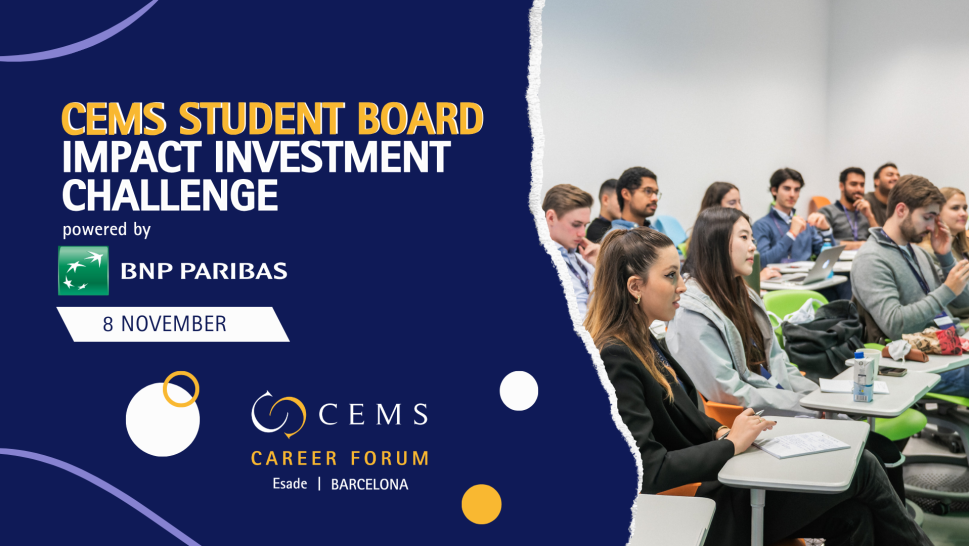 This is a blue banner for the Impact Investment Challenge powered by BNP Paribas. It shows a group of students working together, with some important information in yellow and white.