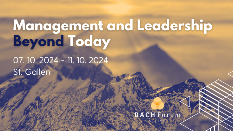 This is a picture of mountains, with a yellow filter. It has a white title about the CEMS DACH Forum, event date and event location, and its logo.