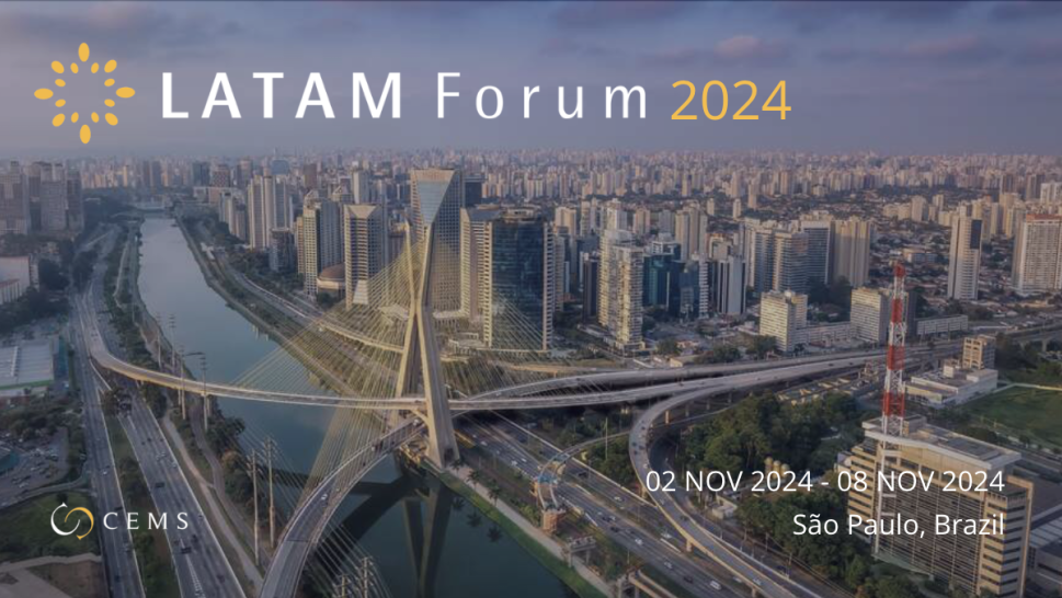 This is a picture of Sao Paulo, in Brazil, with the title CEMS LATAM Forum 2024 and the date of the event.