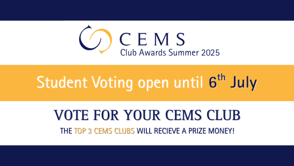 This is a blue banner indicating the CEMS Club Awards dates and inviting students to vote.