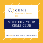 This is a yellow square visual, inviting students to vote for their CEMS Club in the CEMS Club Awards. It has some blue and white elements to emphasize the text.