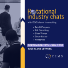 This is a picture promoting the Rotational Industry Chats on September 27th. It has a blue background, with a black and white picture on the left side. To separate the picture and background, there are some arrows of different colours. The text includes the date, event name and the participating companies.