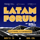 This is a blue banner with black mountains, reflecting the Colombia landscape. It includes key information about the event, such as the date, the location and topic.